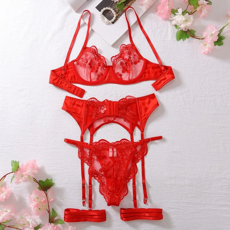 Toucheart conjunto de 4 peças bordado retalhos sexy corpo-shaping lingerie para mulheres liga dura cinto sutiã de renda senhoras sexy roupa interior
