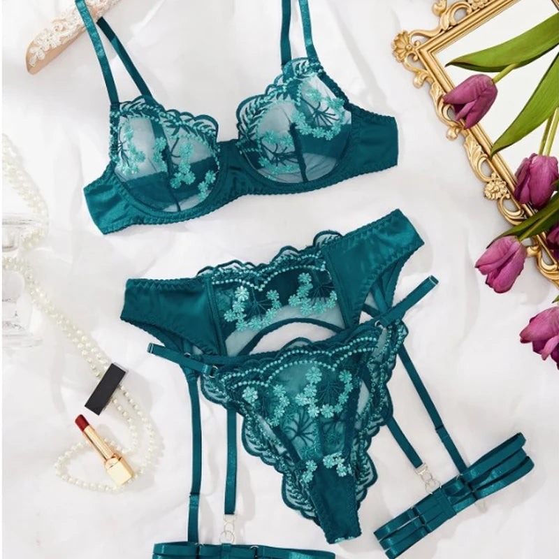 Toucheart conjunto de 4 peças bordado retalhos sexy corpo-shaping lingerie para mulheres liga dura cinto sutiã de renda senhoras sexy roupa interior