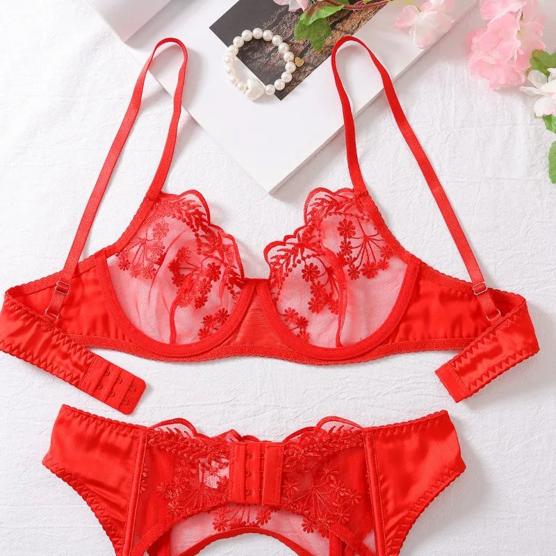 Toucheart conjunto de 4 peças bordado retalhos sexy corpo-shaping lingerie para mulheres liga dura cinto sutiã de renda senhoras sexy roupa interior