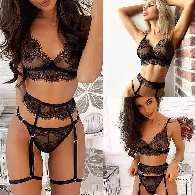 Conjunto Lingerie Erótica de Renda Transparente