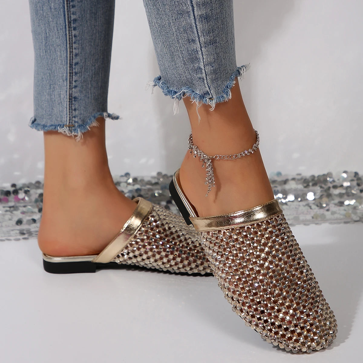 Sandália Rasteira Deluxe Strass Brilhante