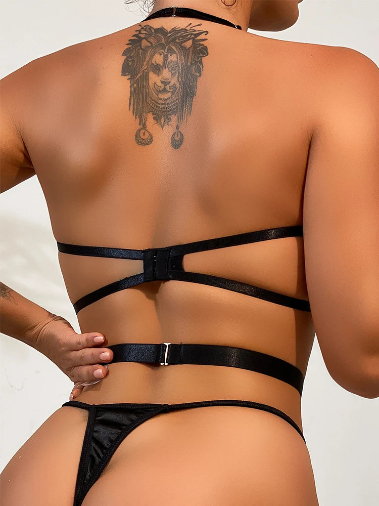 Roupa interior sexy quente 3 peças recorte perspectiva conjunto de sutiã feminino arco lingerie sexy + conjuntos de tanga sólida com ligas conjunto de roupa interior sexual