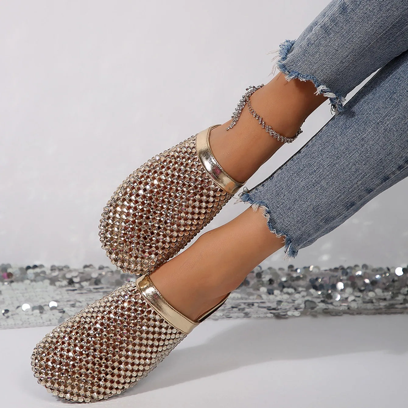 Sandália Rasteira Deluxe Strass Brilhante