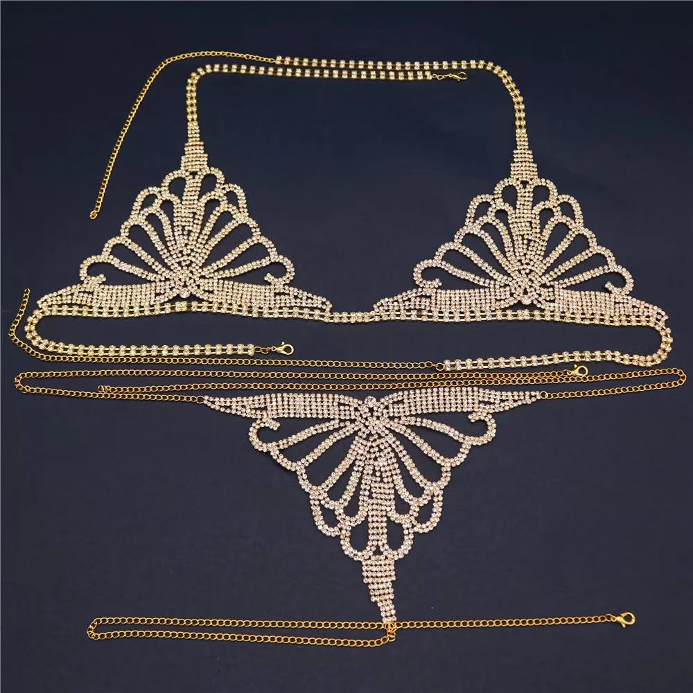 Luxo strass lingerie conjunto nova boate sexy corpo corrente biquíni corpo corrente bling strass sutiã e tanga conjunto de jóias presente