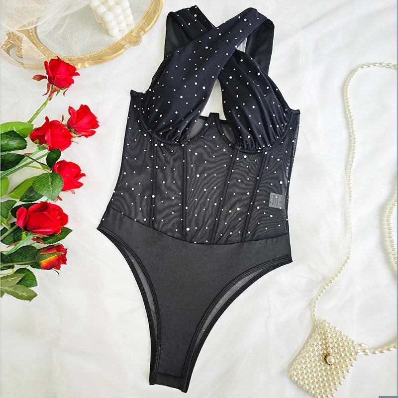 Body Brilhante Sem Costas Renda Provocante