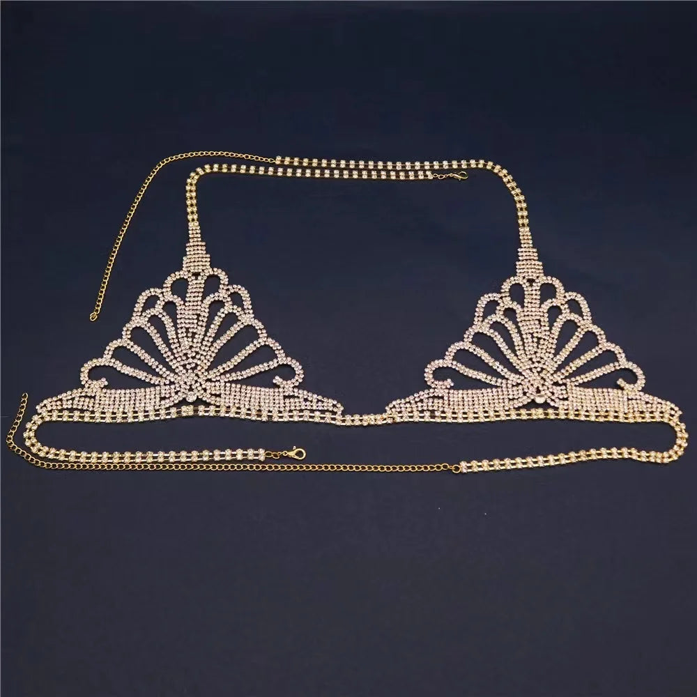 Luxo strass lingerie conjunto nova boate sexy corpo corrente biquíni corpo corrente bling strass sutiã e tanga conjunto de jóias presente