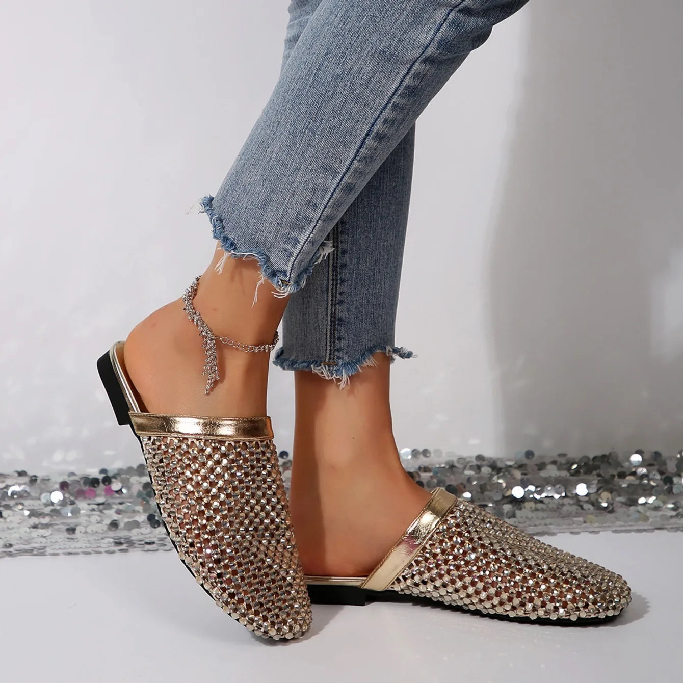 Sandália Rasteira Deluxe Strass Brilhante