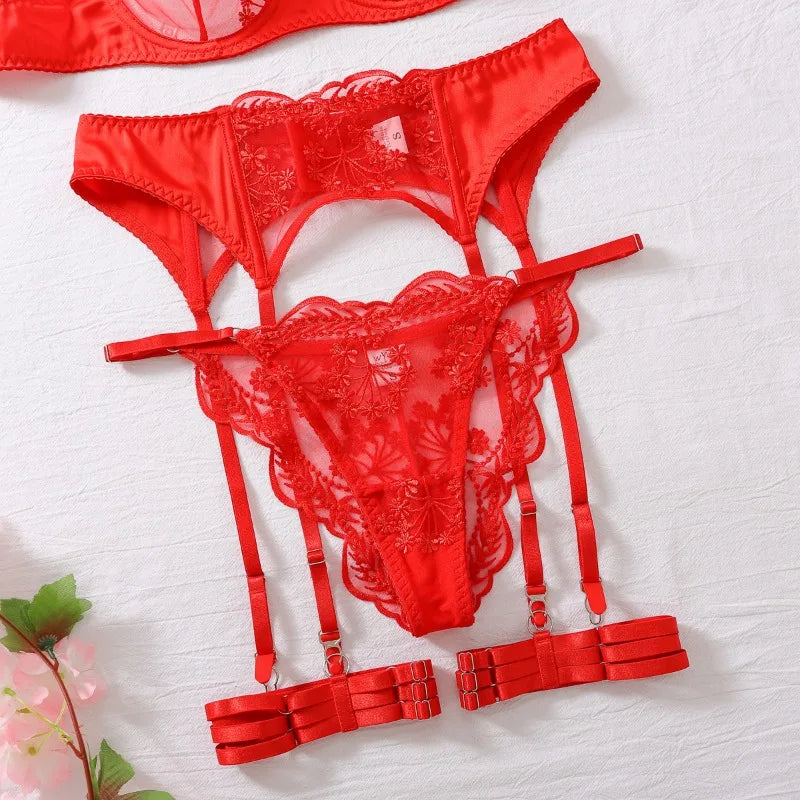 Toucheart conjunto de 4 peças bordado retalhos sexy corpo-shaping lingerie para mulheres liga dura cinto sutiã de renda senhoras sexy roupa interior