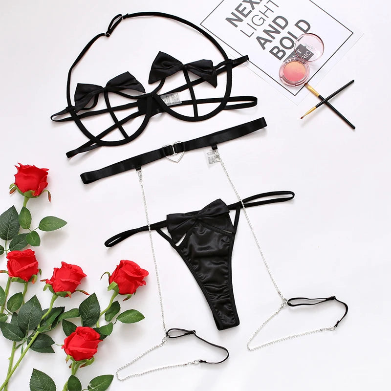 Roupa interior sexy quente 3 peças recorte perspectiva conjunto de sutiã feminino arco lingerie sexy + conjuntos de tanga sólida com ligas conjunto de roupa interior sexual