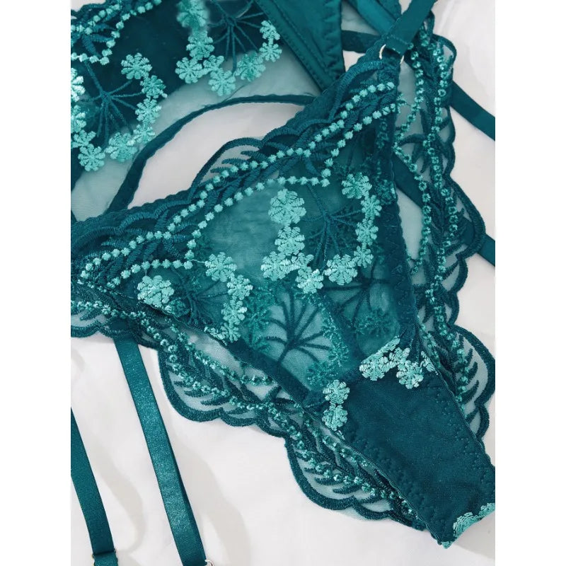 Toucheart conjunto de 4 peças bordado retalhos sexy corpo-shaping lingerie para mulheres liga dura cinto sutiã de renda senhoras sexy roupa interior