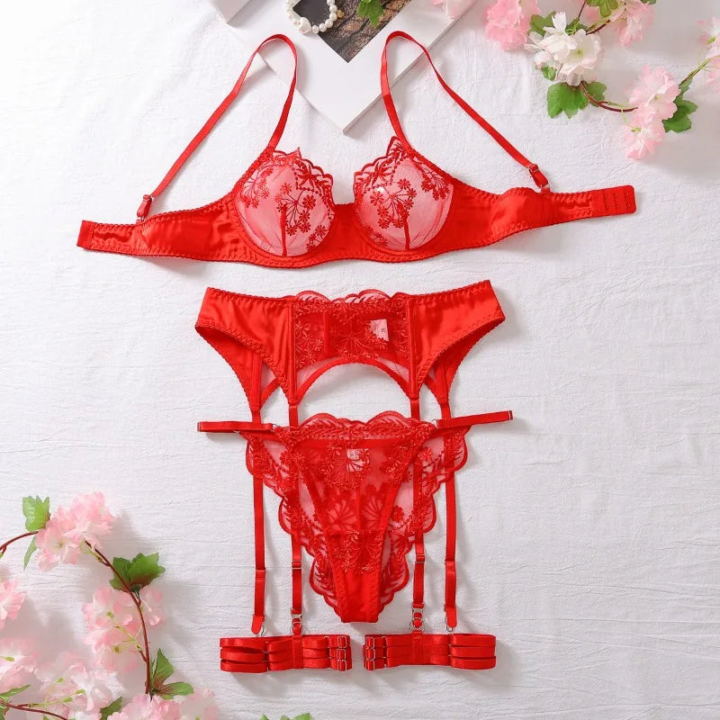 Toucheart conjunto de 4 peças bordado retalhos sexy corpo-shaping lingerie para mulheres liga dura cinto sutiã de renda senhoras sexy roupa interior