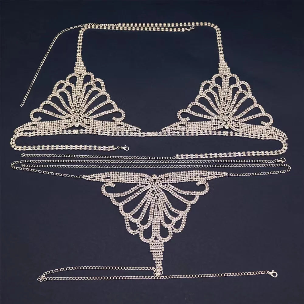 Luxo strass lingerie conjunto nova boate sexy corpo corrente biquíni corpo corrente bling strass sutiã e tanga conjunto de jóias presente