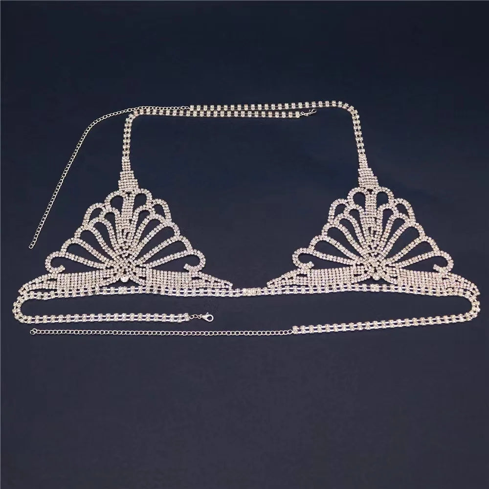 Luxo strass lingerie conjunto nova boate sexy corpo corrente biquíni corpo corrente bling strass sutiã e tanga conjunto de jóias presente