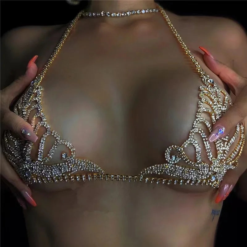 Luxo strass lingerie conjunto nova boate sexy corpo corrente biquíni corpo corrente bling strass sutiã e tanga conjunto de jóias presente