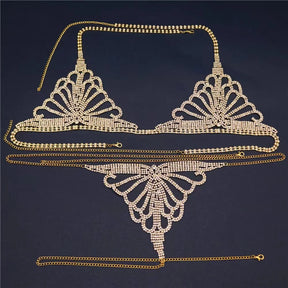 Luxo strass lingerie conjunto nova boate sexy corpo corrente biquíni corpo corrente bling strass sutiã e tanga conjunto de jóias presente