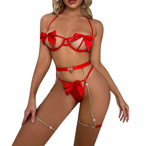 Roupa interior sexy quente 3 peças recorte perspectiva conjunto de sutiã feminino arco lingerie sexy + conjuntos de tanga sólida com ligas conjunto de roupa interior sexual