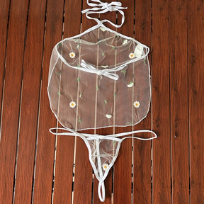 Conjunto Lingerie Pijama Transparente com Bordado Floral