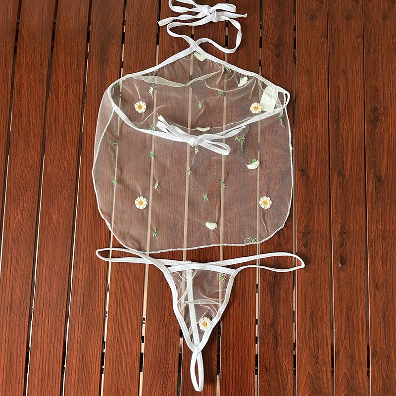 Conjunto Lingerie Pijama Transparente com Bordado Floral