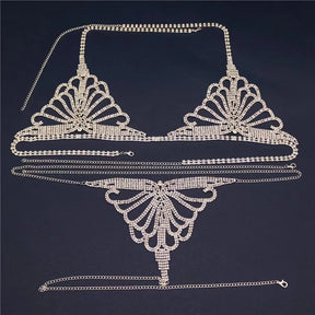 Luxo strass lingerie conjunto nova boate sexy corpo corrente biquíni corpo corrente bling strass sutiã e tanga conjunto de jóias presente