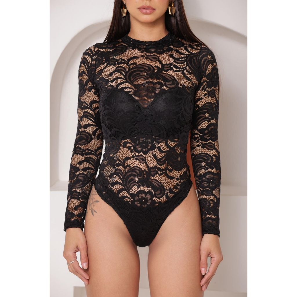 Body Renda Glamour Manga Longa Sexy